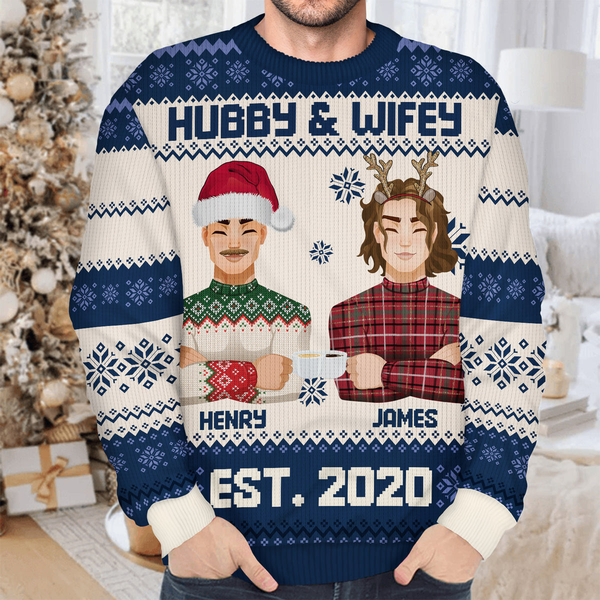 Hubby Wifey Anniversary Christmas Gift For Couples Husband Wife Personalized Unisex Ugly Sweater