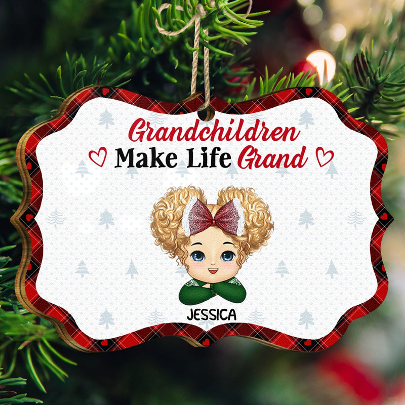 Grandchildren Make Life Grand - Christmas, Loving Gift For Grandpa, Grandma, Grandparents - Personalized Medallion Wooden Ornament