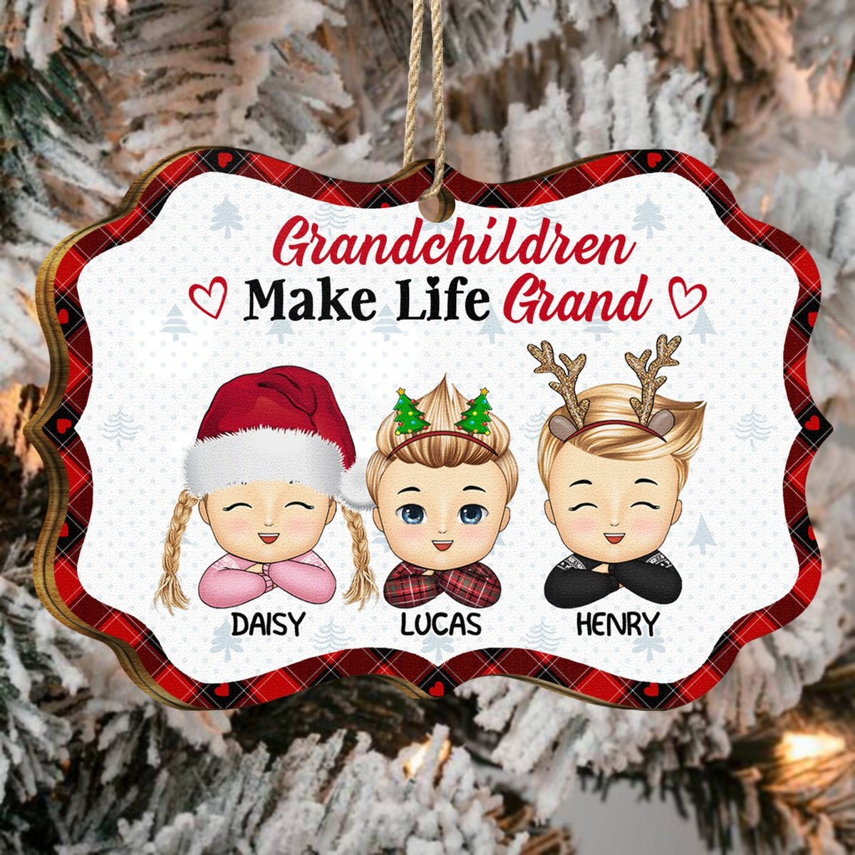 Grandchildren Make Life Grand - Christmas, Loving Gift For Grandpa, Grandma, Grandparents - Personalized Medallion Wooden Ornament
