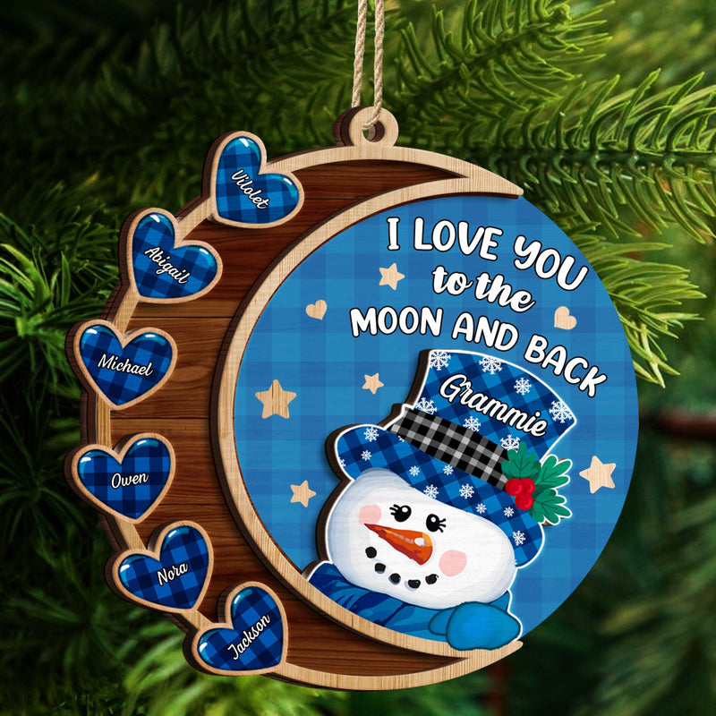 Bonhomme de neige « Je t'aime jusqu'à la lune et retour » - Cadeau de Noël pour grand-père, grand-mère, grands-parents - Décoration en bois personnalisée à 2 couches