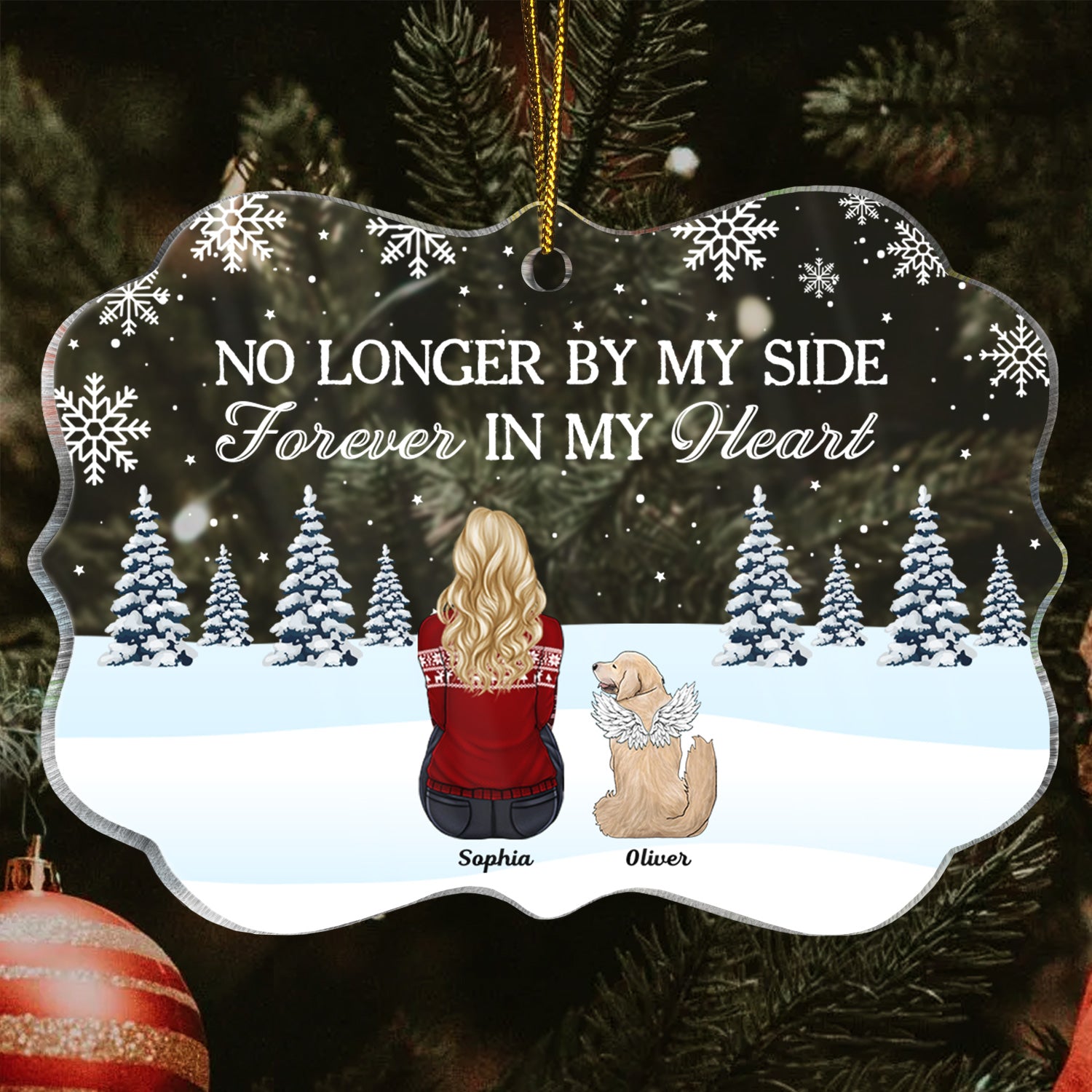 No Longer By My Side Forever In My Heart - Christmas Memorial Gift For Dog Lovers, Dog Mom, Dog Dad - Personalized Medallion Acrylic Ornament