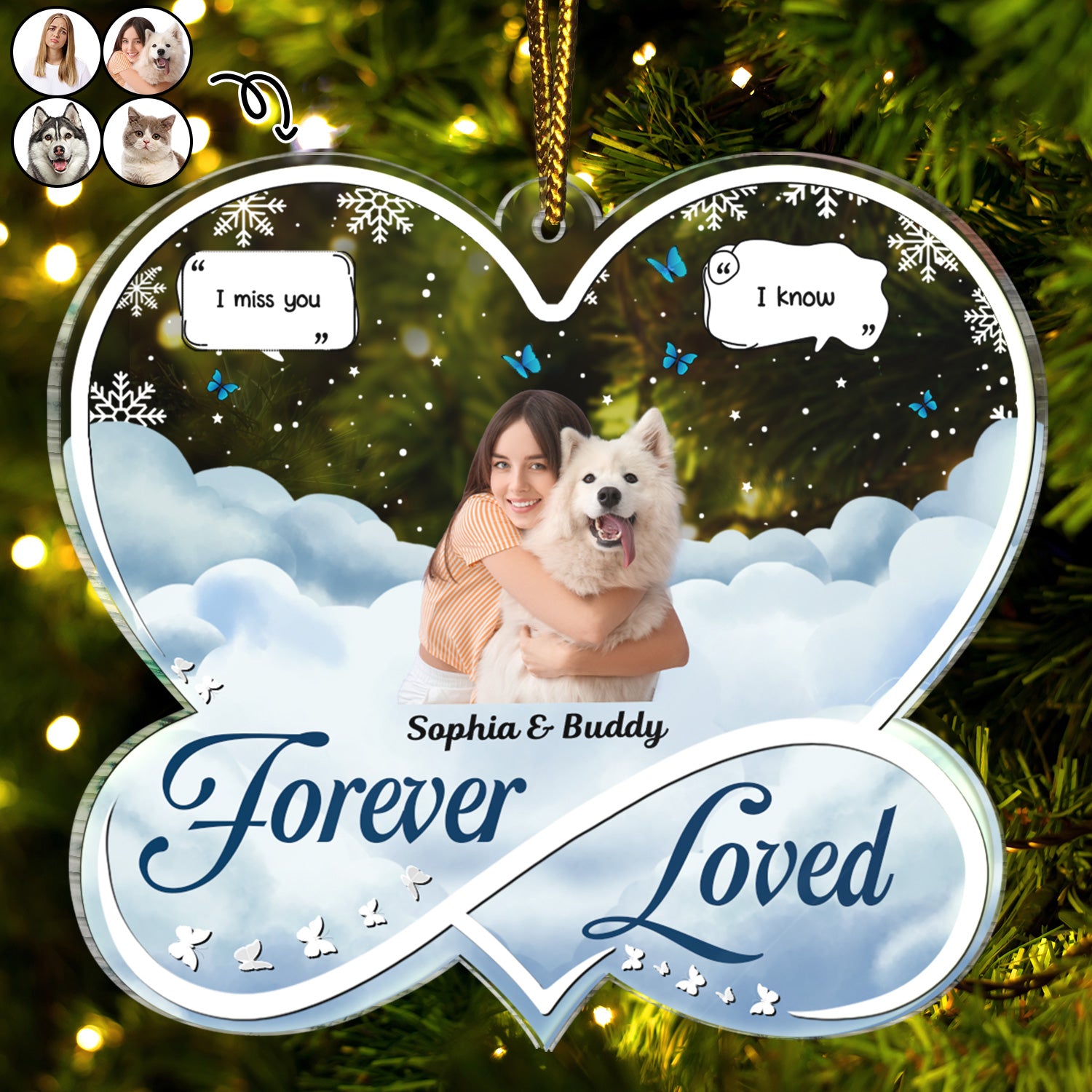 Custom Photo Forever Loved - Christmas Memorial Gift For Pet Lovers, Dog Mom, Dog Dad, Cat Mom, Cat Dad - Personalized Custom Shaped Acrylic Ornament