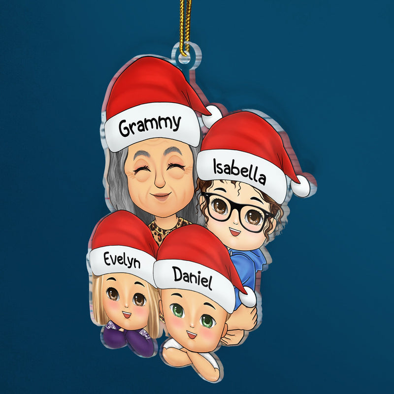 Grand-mère et maman embrassant leurs enfants – Cadeau de Noël pour petite-fille ou petit-fils – Décoration en acrylique découpée personnalisée
