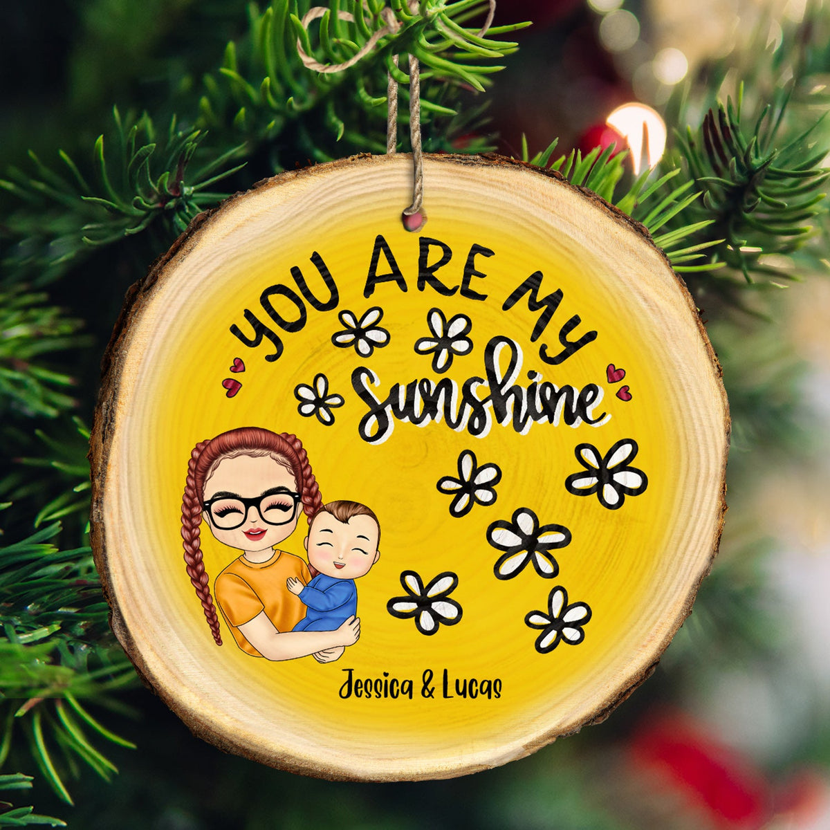 Vous êtes mes petits-enfants rayon de soleil - Cadeau de Noël pour grand-mère, mère et petits-enfants - Ornement en tranche de bois personnalisé