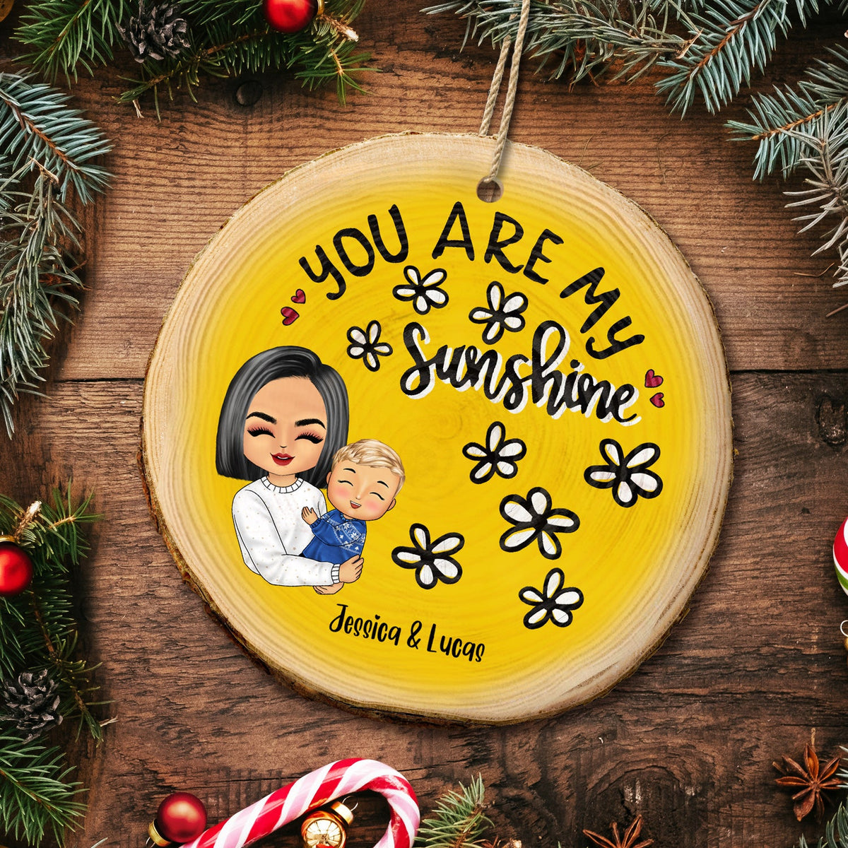 Vous êtes mes petits-enfants rayon de soleil - Cadeau de Noël pour grand-mère, mère et petits-enfants - Ornement en tranche de bois personnalisé