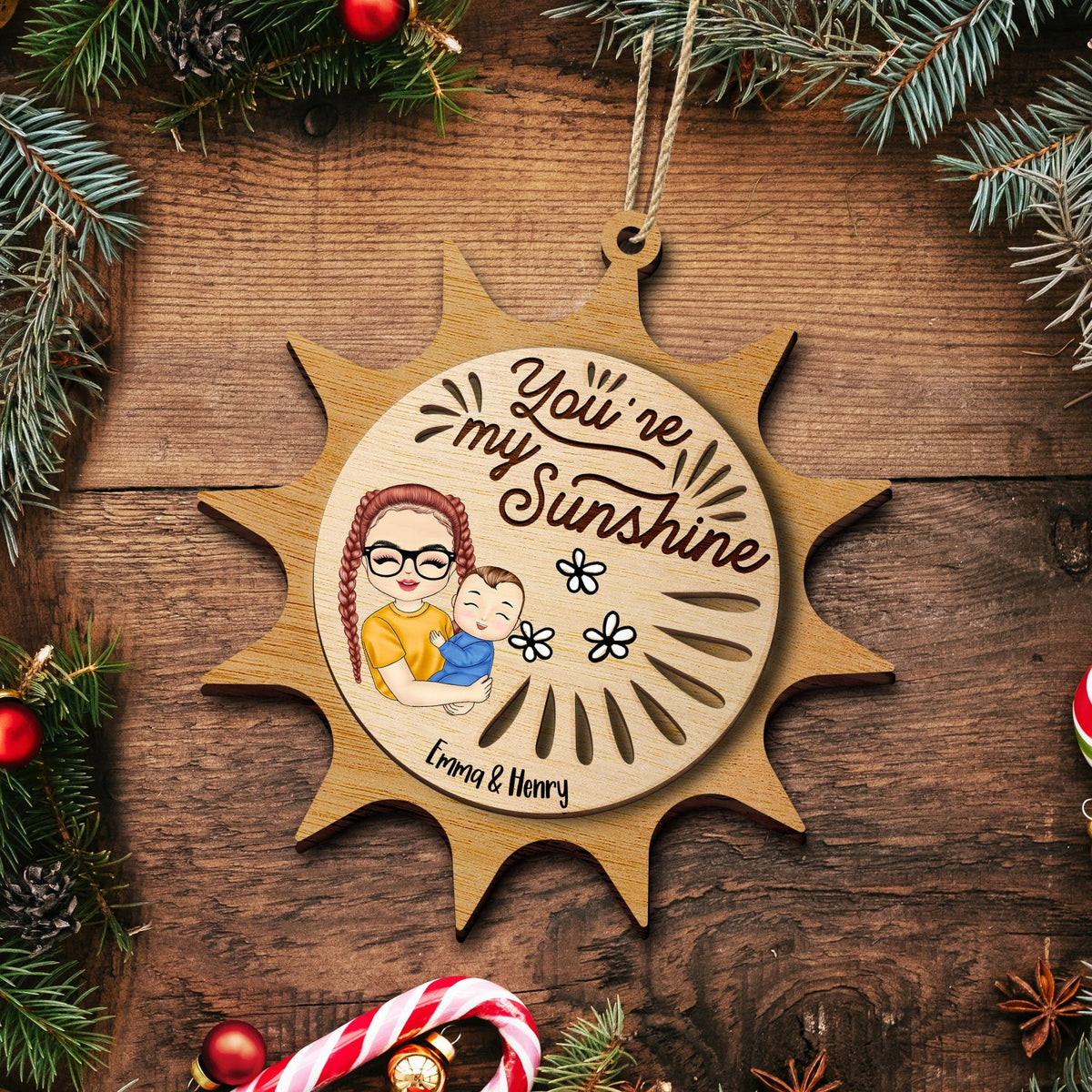 You Are My Sunshine Grandkids - Christmas Gift For Grandmother, Mother, Grandkids - Personalized 2-Layered Wooden Ornament