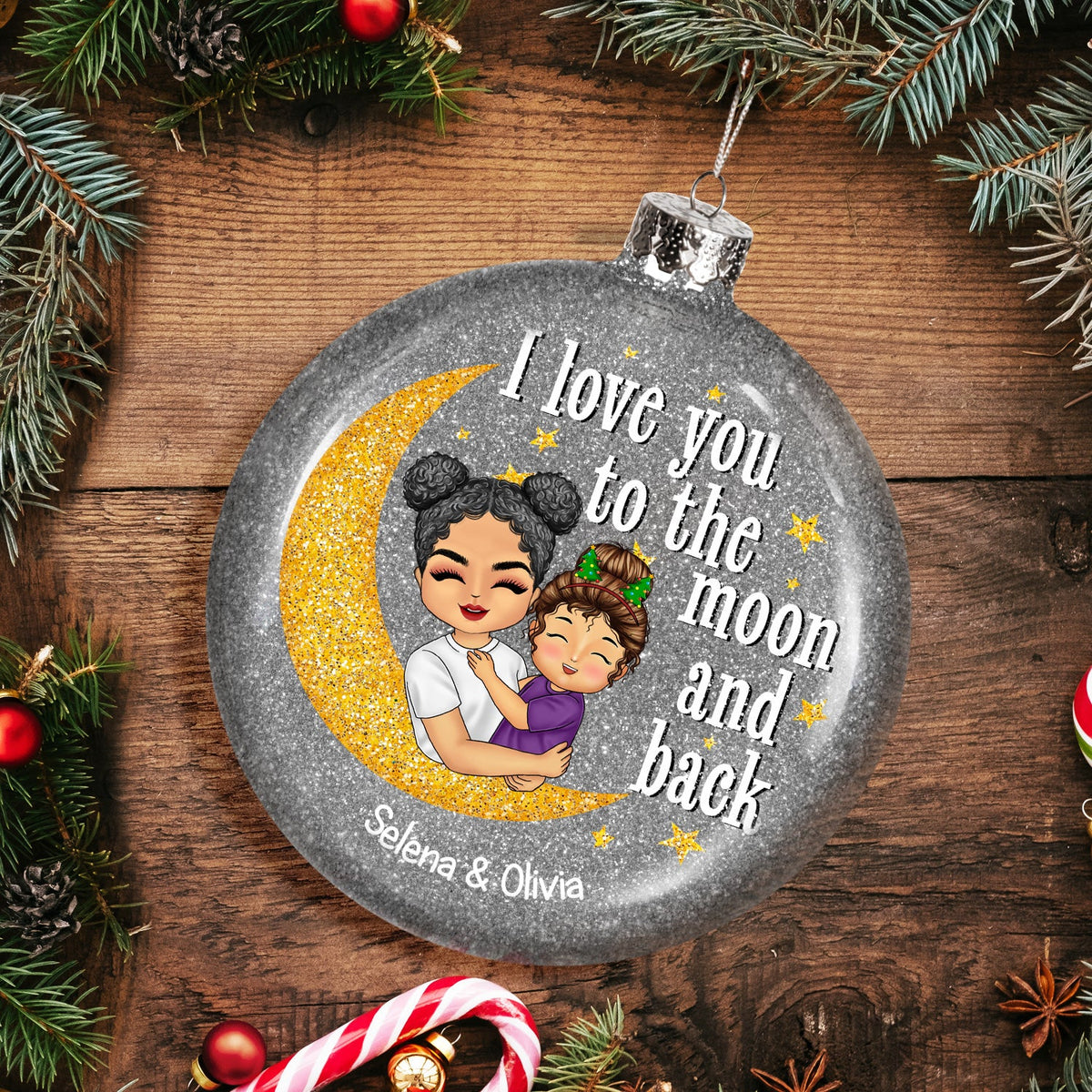 I Love You To The Moon And Back Grandma Mom - Christmas Gift For Grandmother, Mother, Grandkids - Personalized Glitter Plastic Ornament