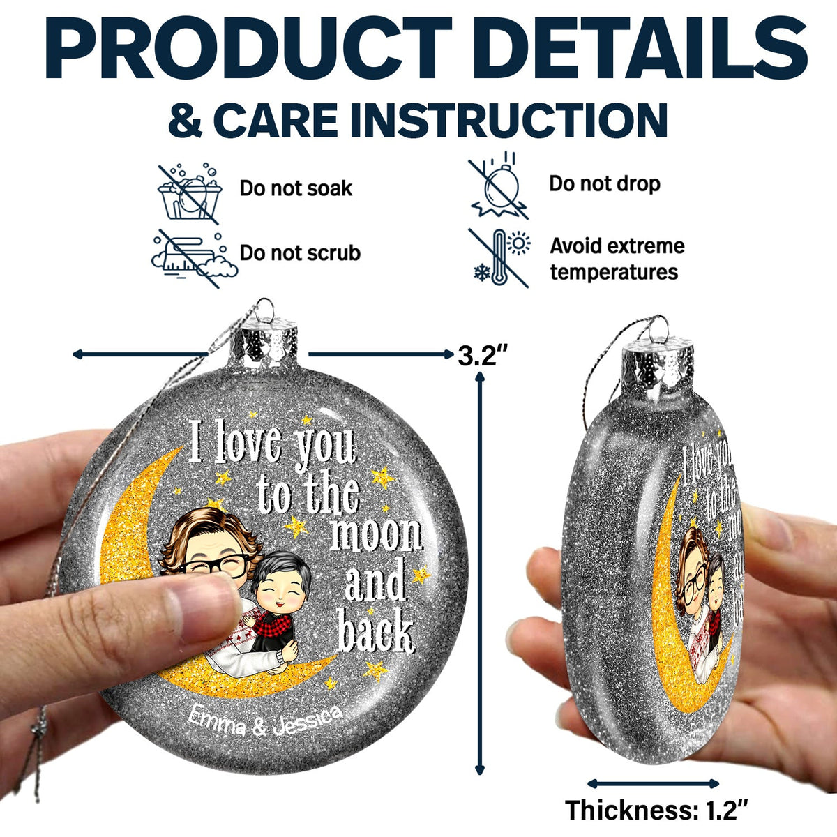 I Love You To The Moon And Back Grandma Mom - Christmas Gift For Grandmother, Mother, Grandkids - Personalized Glitter Plastic Ornament