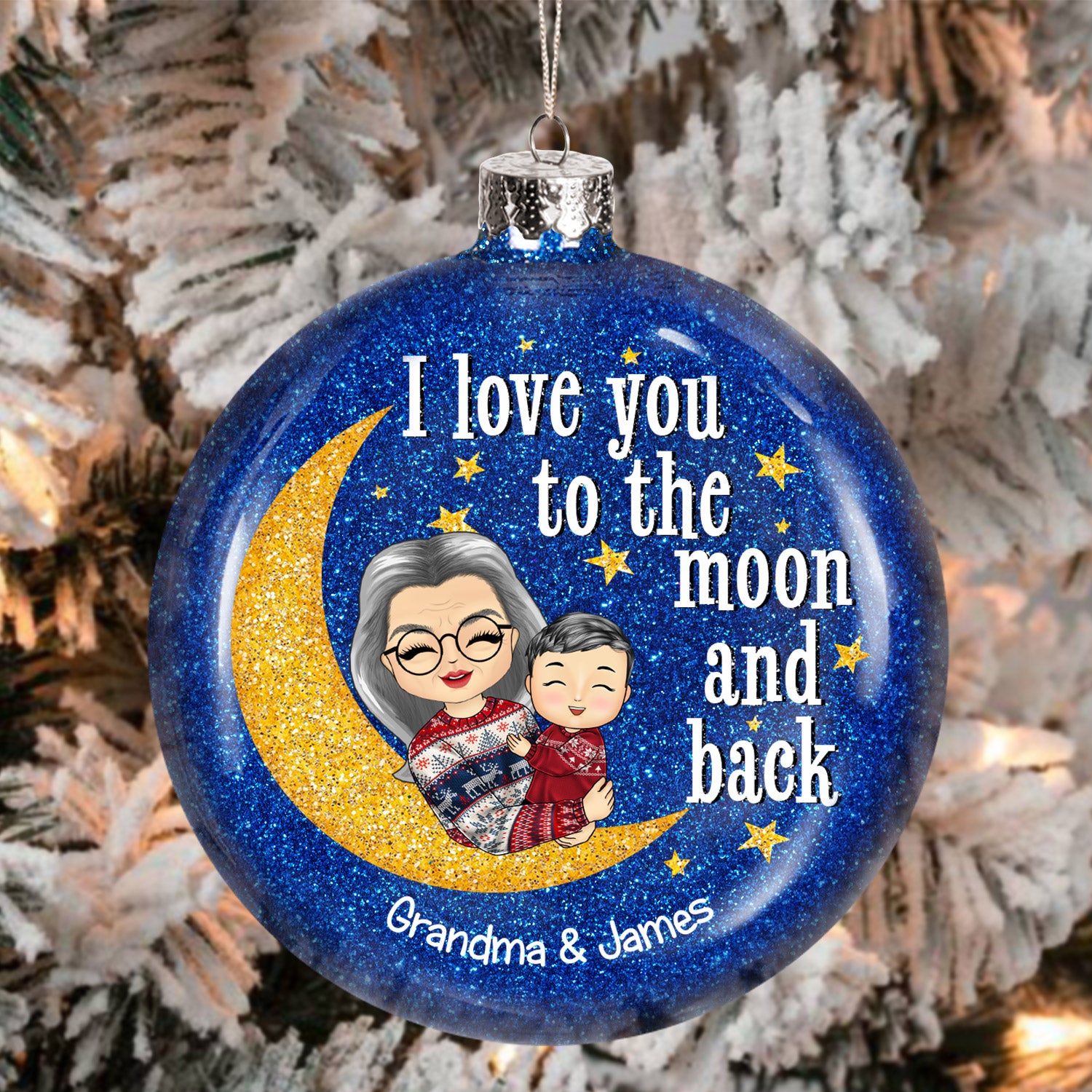 I Love You To The Moon And Back Grandma Mom - Christmas Gift For Grandmother, Mother, Grandkids - Personalized Glitter Plastic Ornament