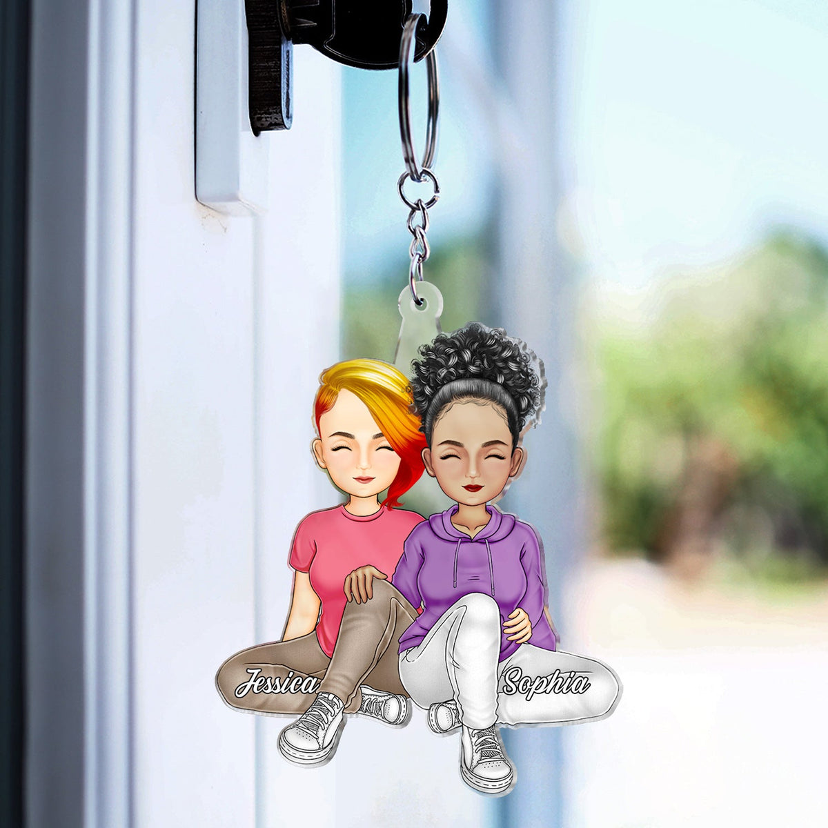 Couple assis ensemble - Cadeau d'anniversaire pour couples - Porte-clés en acrylique découpé personnalisé