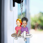Couple assis ensemble - Cadeau d'anniversaire pour couples - Porte-clés en acrylique découpé personnalisé
