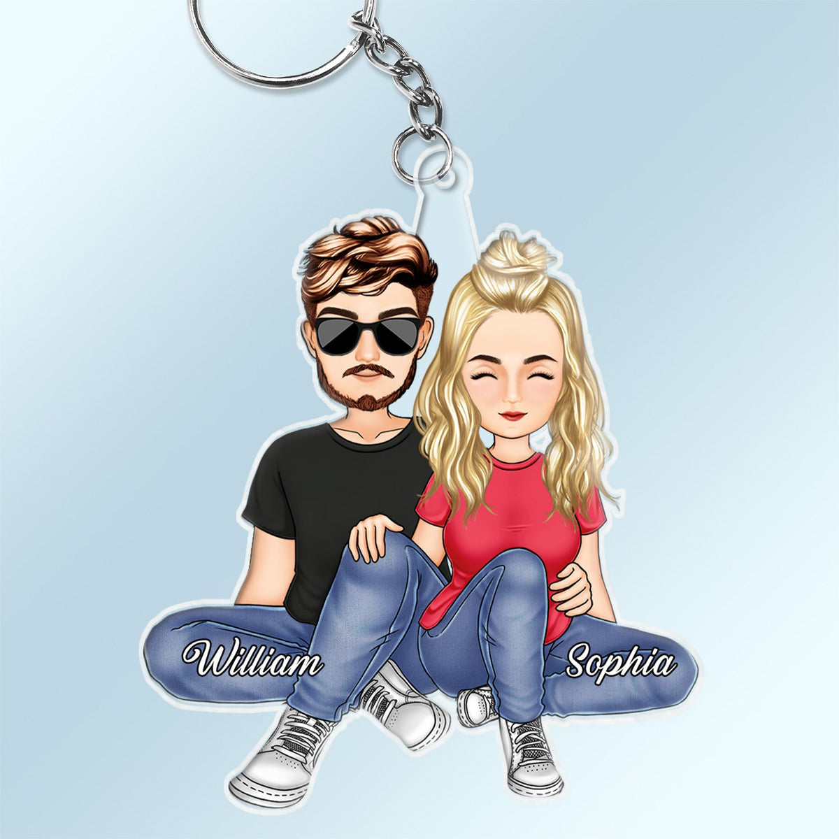 Couple assis ensemble - Cadeau d'anniversaire pour couples - Porte-clés en acrylique découpé personnalisé