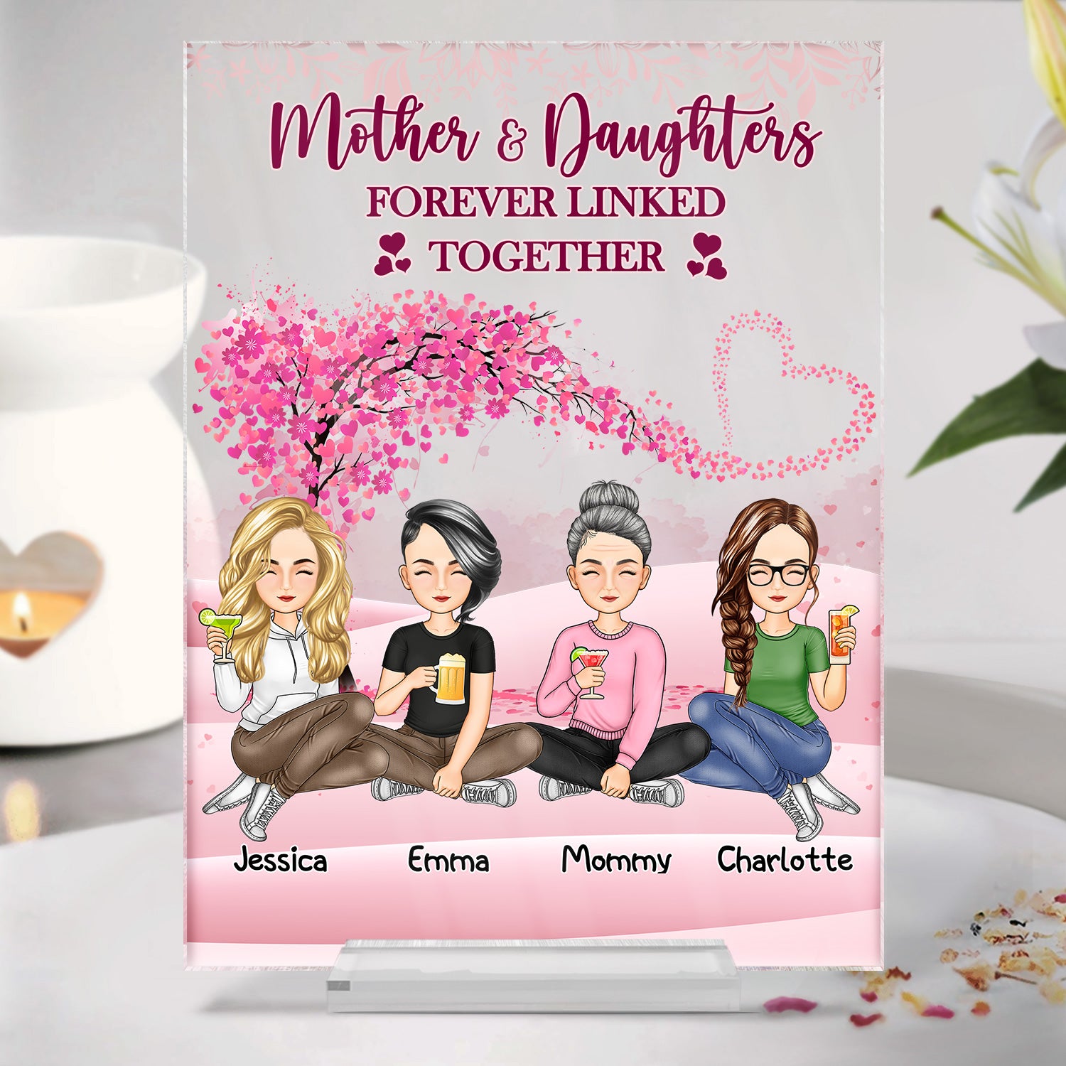 Mother & Daughters Forever Linked Together - Gift For Mom - Personalized Vertical Rectangle Acrylic Plaque