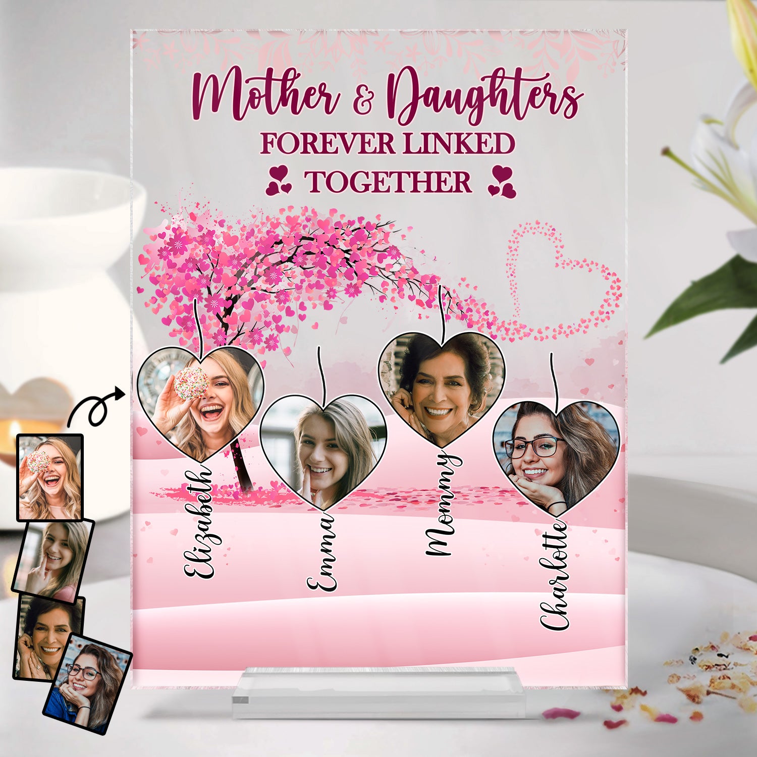 Custom Photo Mother & Daughters Forever Linked Together - Gift For Mom - Personalized Vertical Rectangle Acrylic Plaque