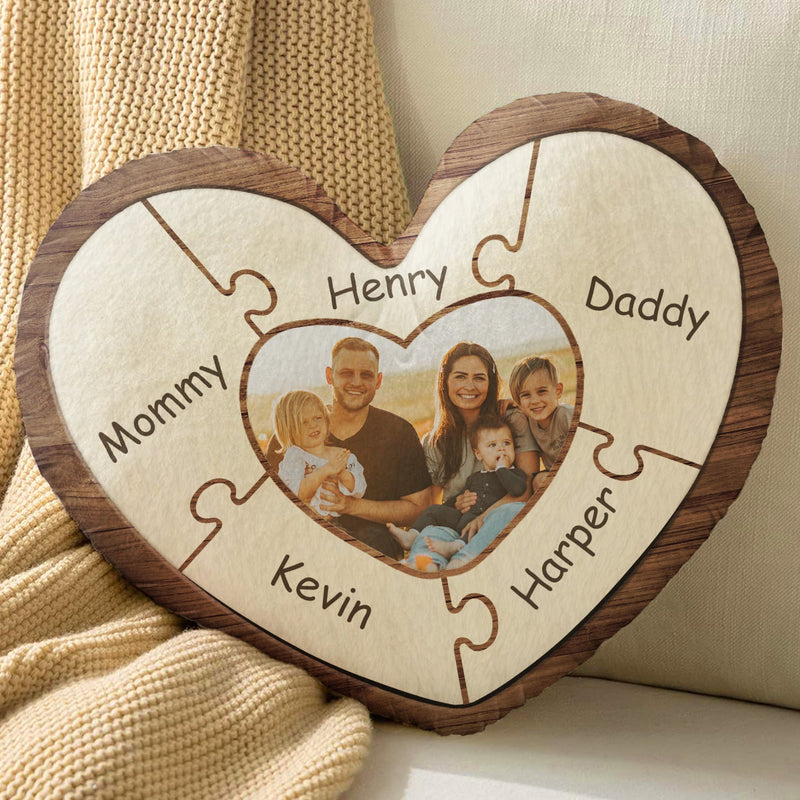 Custom Photo Puzzle Name - Birthday, Holiday Gift For Parent, Couple, Grandparent - Personalized Heart Shaped Pillow