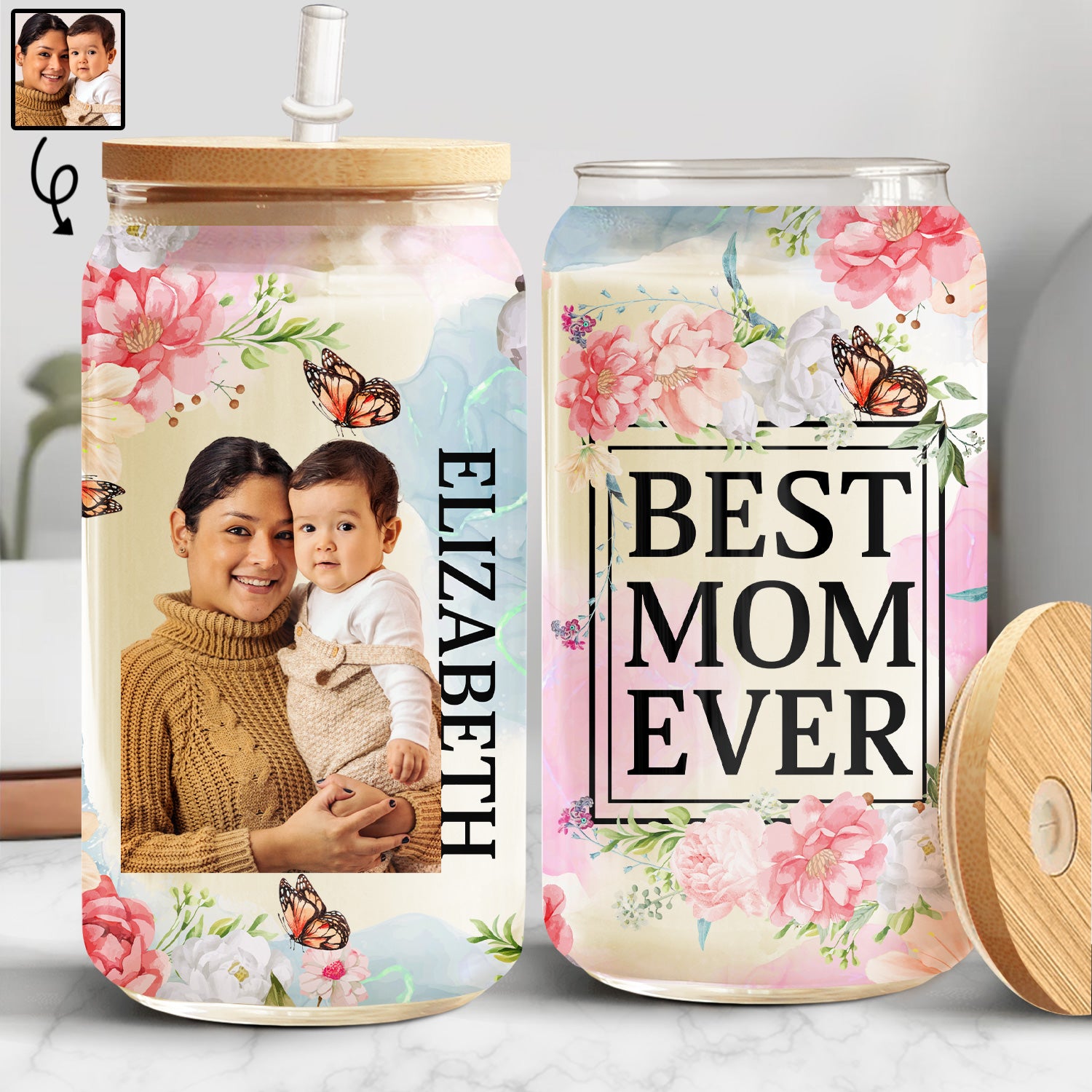 Custom Photo Best Mom Ever - Gift For Mothers & Grandmas - Personalized Clear Glass Can