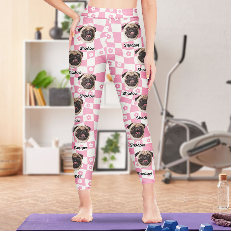 Photo personnalisée de visage d'animal de compagnie à motif à carreaux floraux - Cadeau d'anniversaire amusant pour maman de chien ou amoureux des chats - Leggings personnalisés