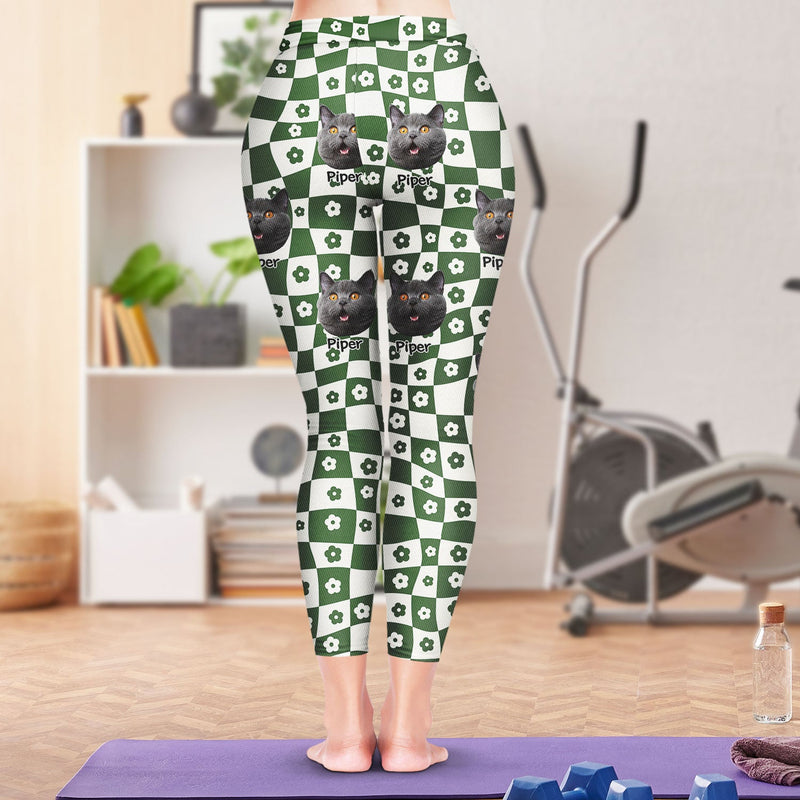 Photo personnalisée de visage d'animal de compagnie à motif à carreaux floraux - Cadeau d'anniversaire amusant pour maman de chien ou amoureux des chats - Leggings personnalisés