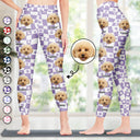 Photo personnalisée de visage d'animal de compagnie à motif à carreaux floraux - Cadeau d'anniversaire amusant pour maman de chien ou amoureux des chats - Leggings personnalisés