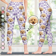 Photo personnalisée de visage d'animal de compagnie à motif à carreaux floraux - Cadeau d'anniversaire amusant pour maman de chien ou amoureux des chats - Leggings personnalisés