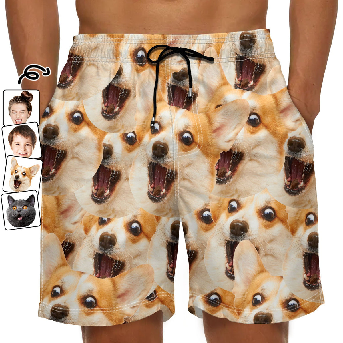 Motif de visage d'animal de compagnie personnalisé avec photo amusante - Cadeau pour hommes, amoureux des chiens et des chats, famille - Short de plage unisexe personnalisé