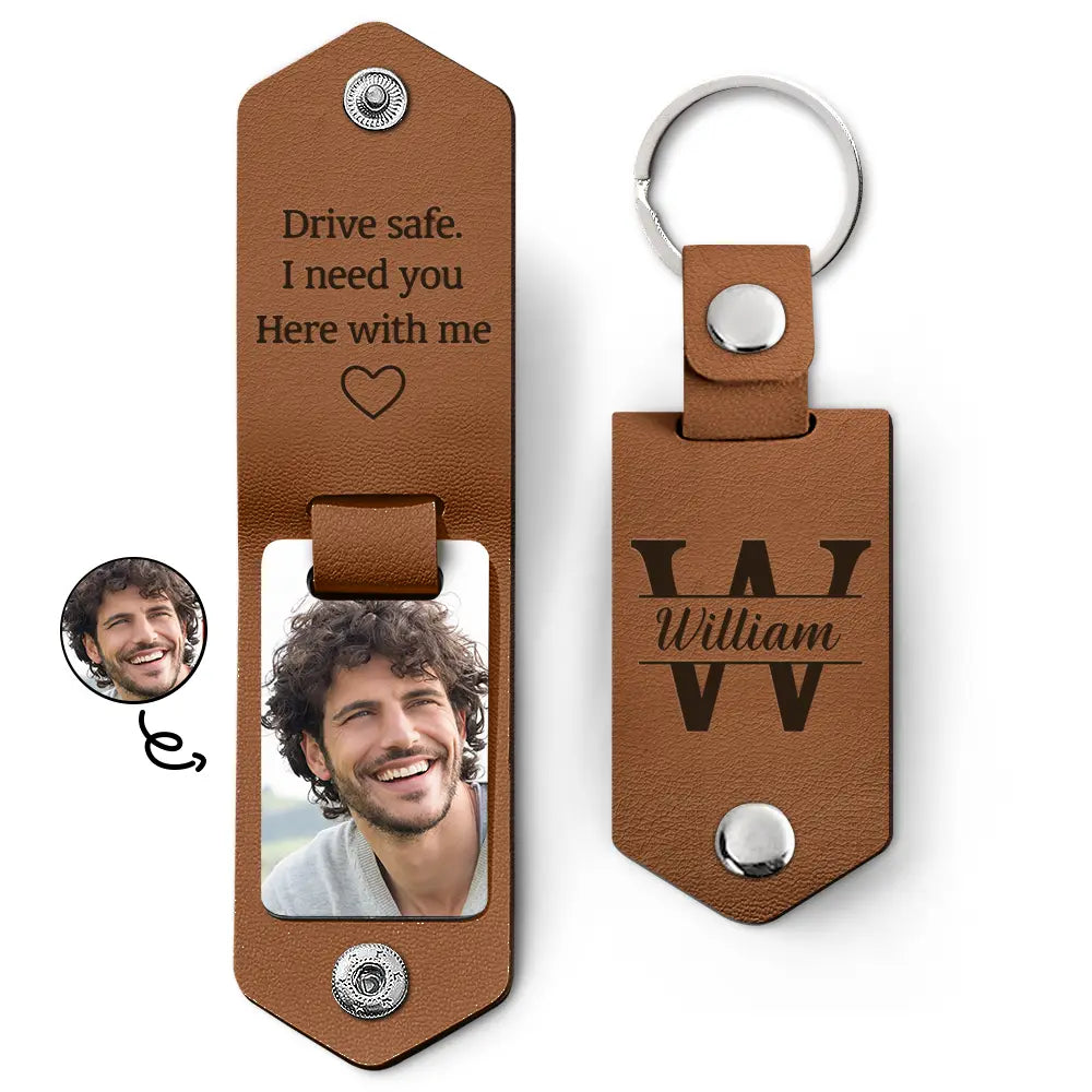 Porte-clés photo personnalisé en cuir avec inscription « J'ai besoin de toi ici avec moi » - Cadeau pour couple, amis, famille