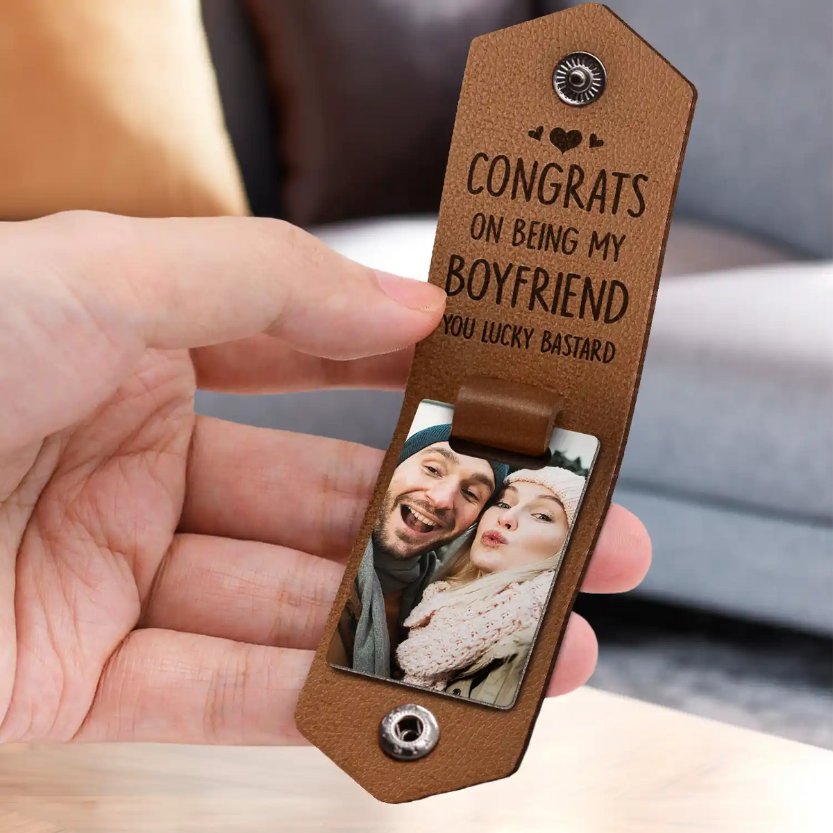 Custom Photo Congrats On Being My Husband - Anniversary Gift For Spouse, Lover, Couple - Personalized Leather Photo Keychain