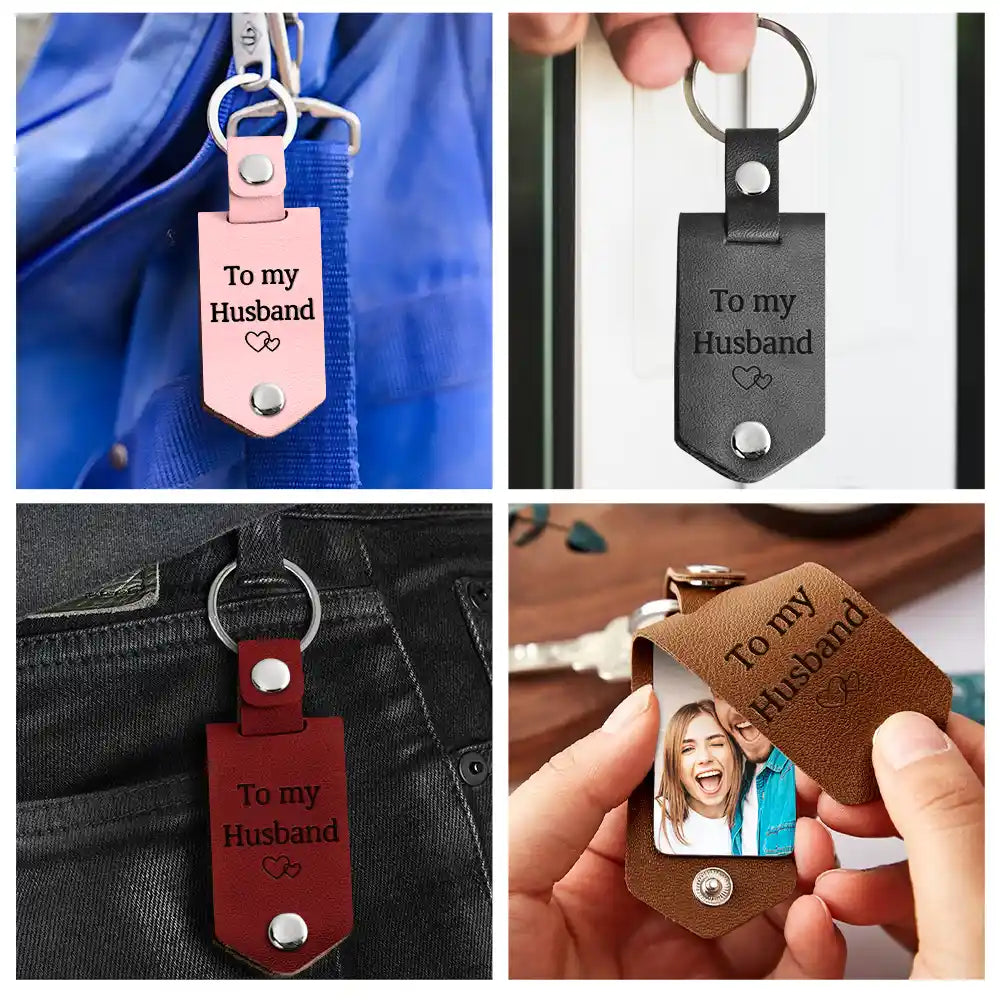 Custom Photo Congrats On Being My Husband - Anniversary Gift For Spouse, Lover, Couple - Personalized Leather Photo Keychain