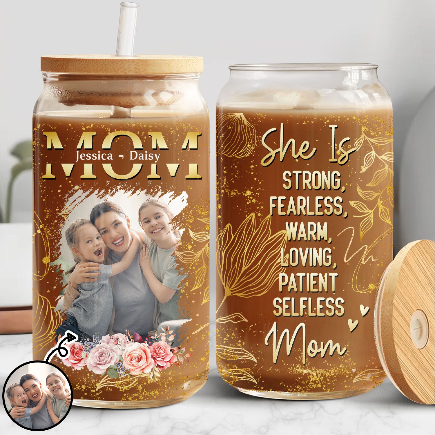 Custom Photo She Is Affirmation Mom - Gift For Mothers - Personalized Clear Glass Can