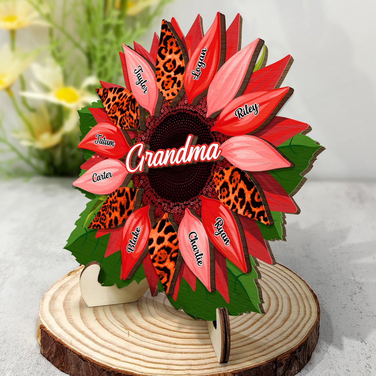 Nana, maman, tante Famille Tournesol - Anniversaire, cadeau d'amour pour mère, grand-mère, grand-mère - Plaque en bois personnalisée à 2 couches avec support 