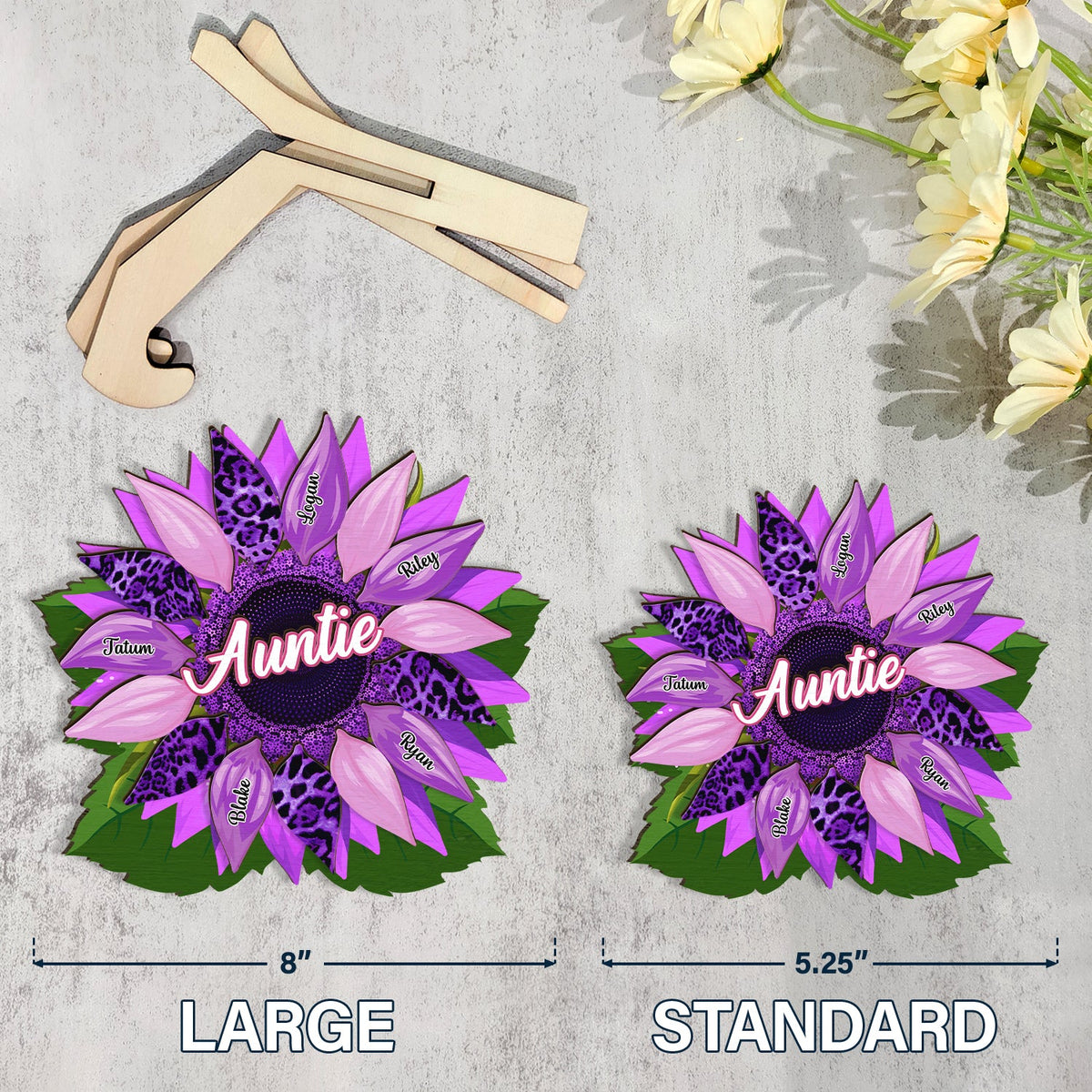 Nana, maman, tante Famille Tournesol - Anniversaire, cadeau d'amour pour mère, grand-mère, grand-mère - Plaque en bois personnalisée à 2 couches avec support 