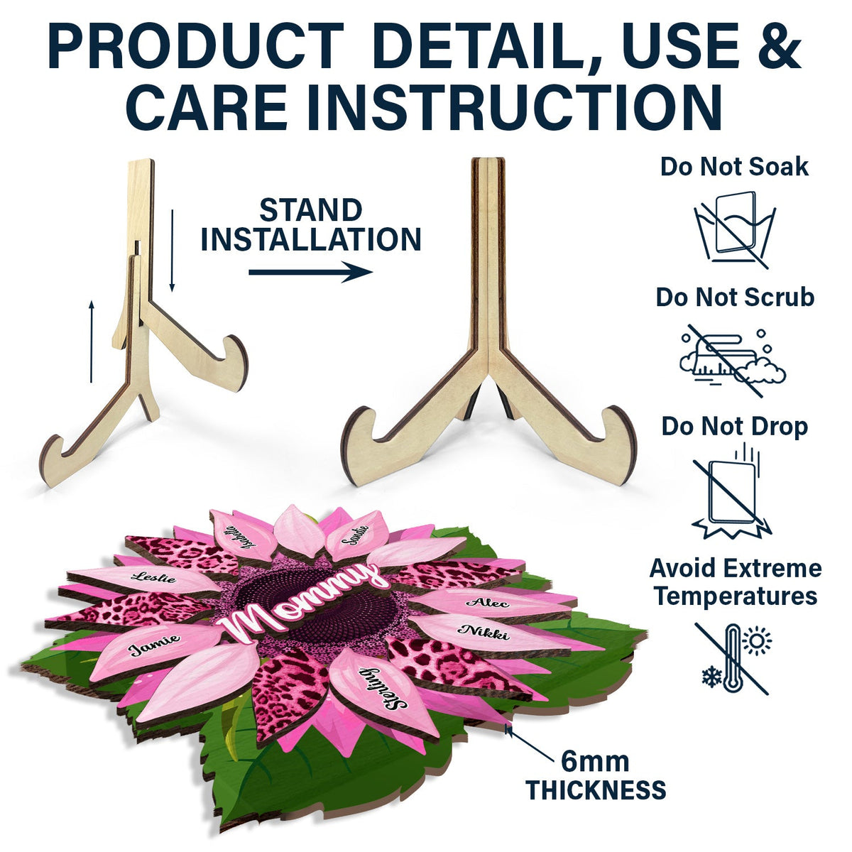 Nana, maman, tante Famille Tournesol - Anniversaire, cadeau d'amour pour mère, grand-mère, grand-mère - Plaque en bois personnalisée à 2 couches avec support 