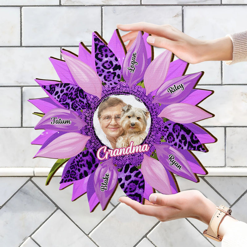 Custom Photo Nana, Mom, Auntie Family Sunflower - Birthday, Loving Gift For Mother, Grandma, Grandmother - Personalized Custom Shaped Wood Sign