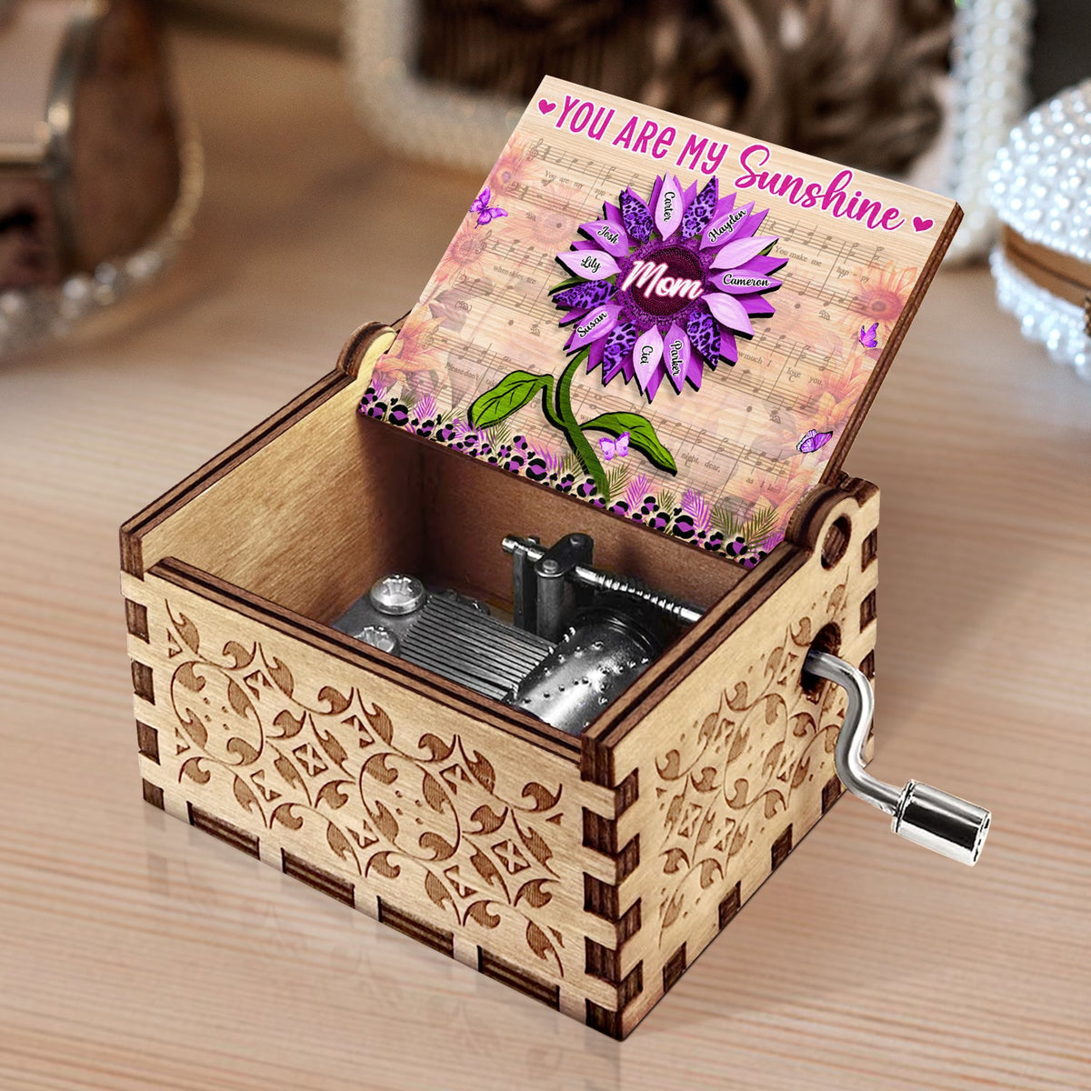 Nana, Mom, Auntie You Are My Sunshine - Birthday, Loving Gift For Mother, Grandma, Grandmother - Personalized Spin Button, Hand Crank Music Box