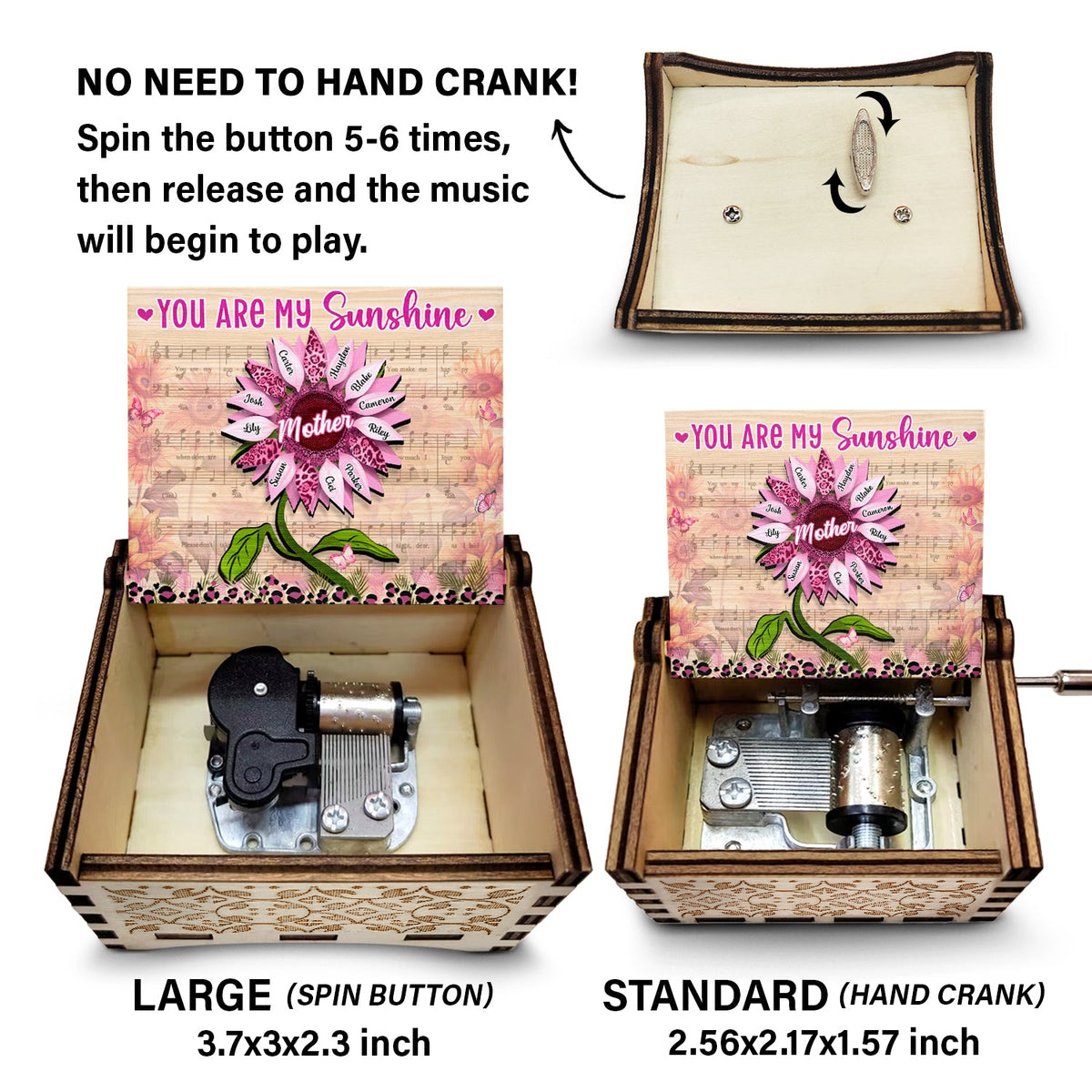 Nana, Mom, Auntie You Are My Sunshine - Birthday, Loving Gift For Mother, Grandma, Grandmother - Personalized Spin Button, Hand Crank Music Box
