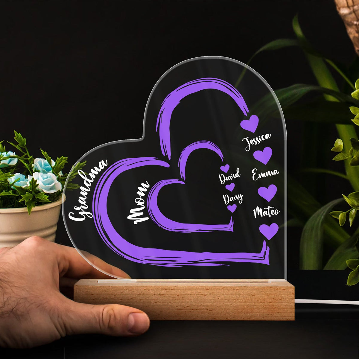 First Mom Now Grandma Floral - Gift For Mothers, Grandmas, Aunties - Personalized 3D Led Light Wooden Base