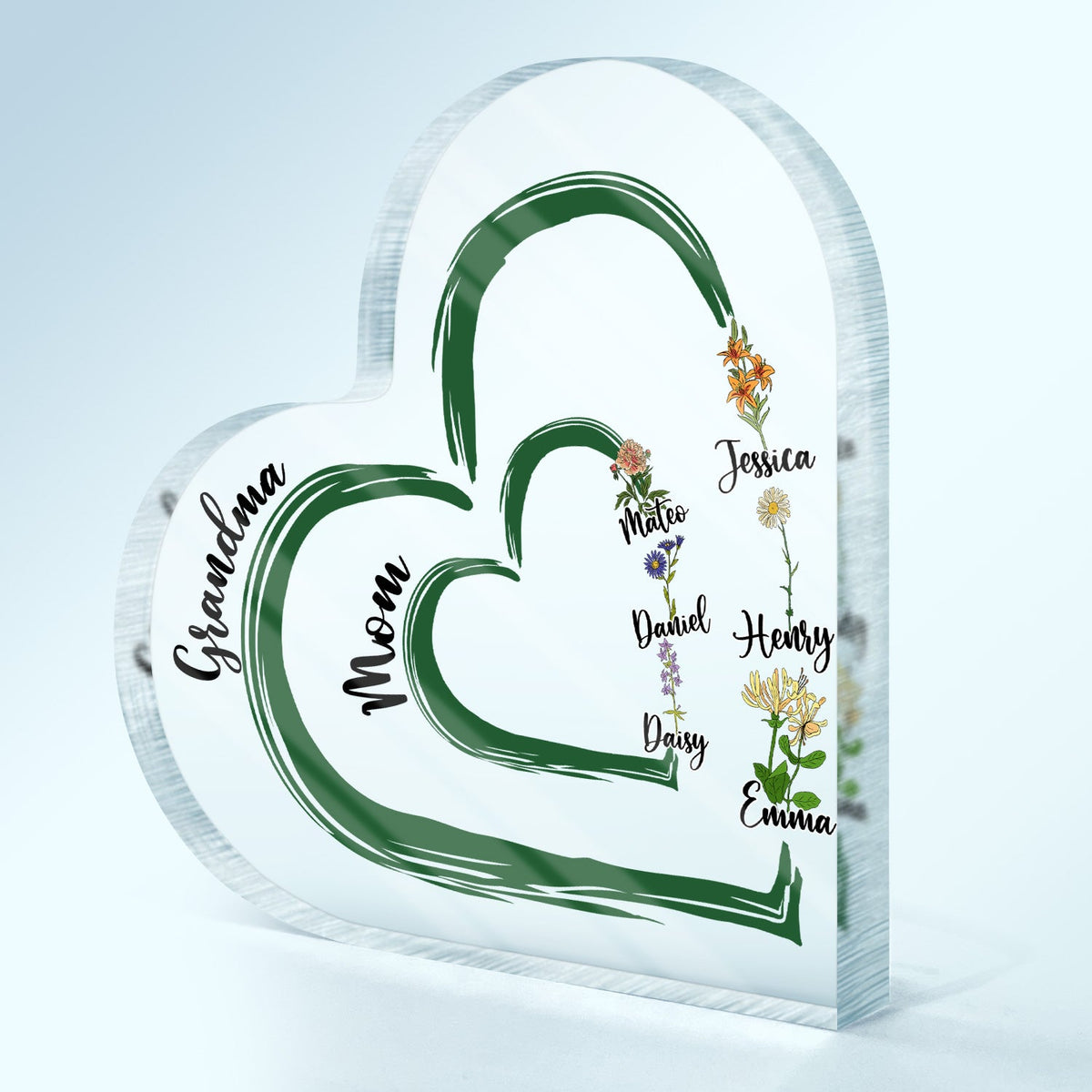 First Mom Now Grandma Floral - Gift For Mothers, Grandmas, Aunties - Personalized Heart Shaped Acrylic Plaque