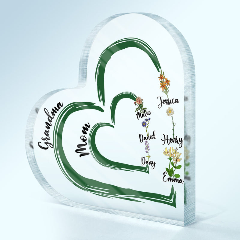 First Mom Now Grandma Floral - Gift For Mothers, Grandmas, Aunties - Personalized Heart Shaped Acrylic Plaque