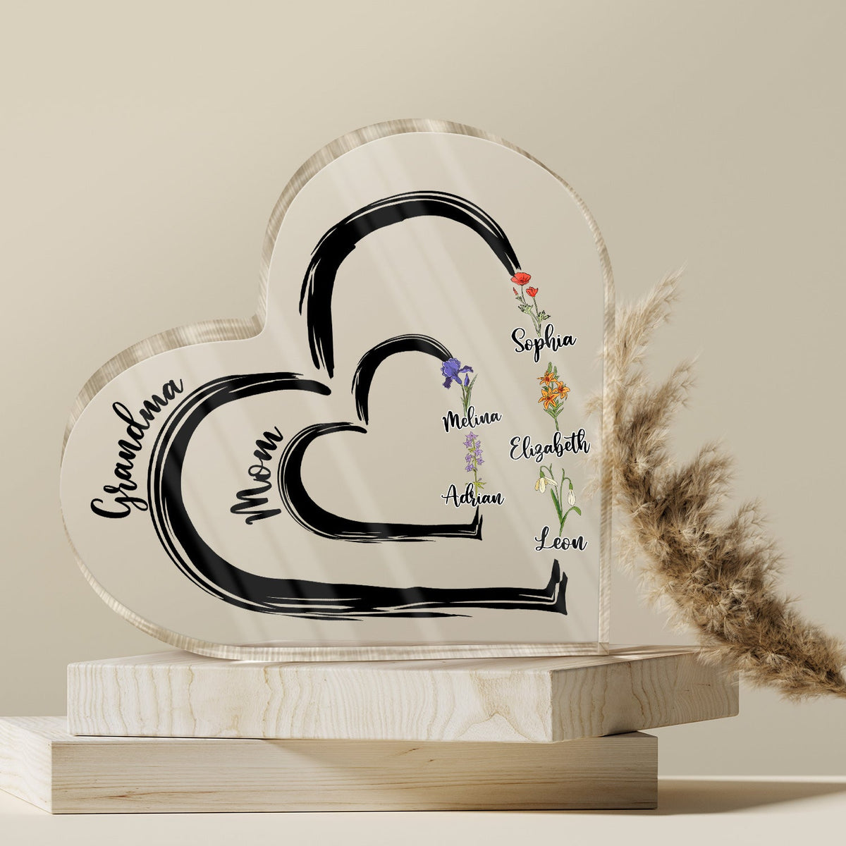 First Mom Now Grandma Floral - Gift For Mothers, Grandmas, Aunties - Personalized Heart Shaped Acrylic Plaque