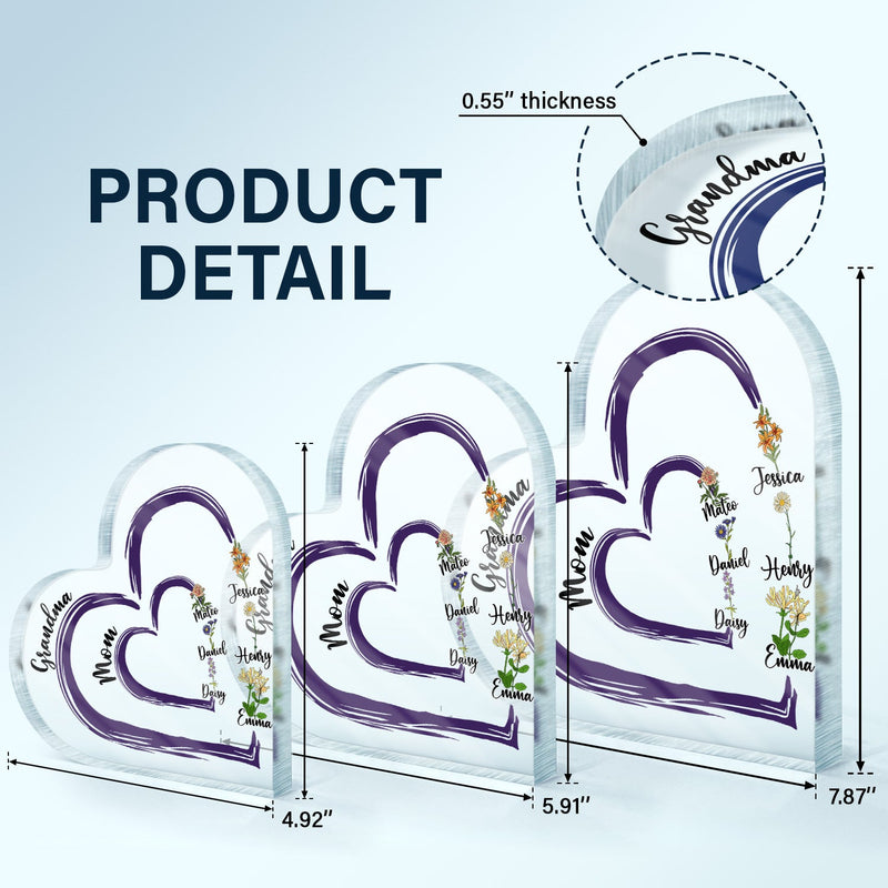 First Mom Now Grandma Floral - Gift For Mothers, Grandmas, Aunties - Personalized Heart Shaped Acrylic Plaque