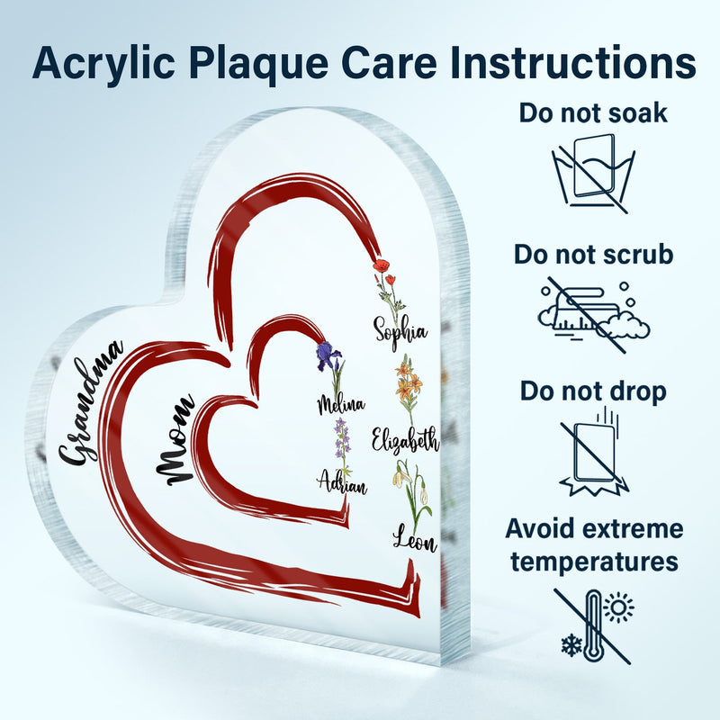 First Mom Now Grandma Floral - Gift For Mothers, Grandmas, Aunties - Personalized Heart Shaped Acrylic Plaque