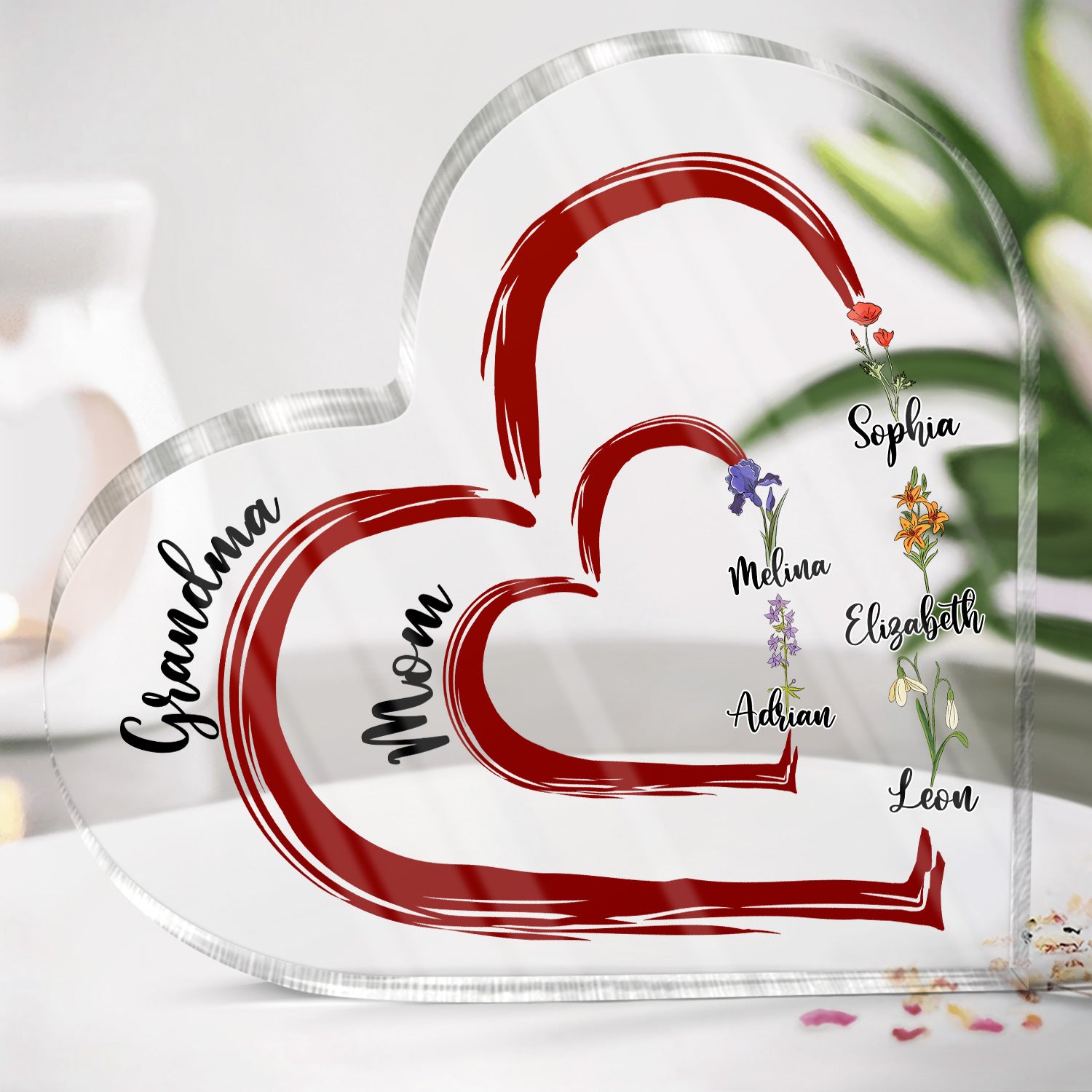 First Mom Now Grandma Floral - Gift For Mothers, Grandmas, Aunties - Personalized Heart Shaped Acrylic Plaque