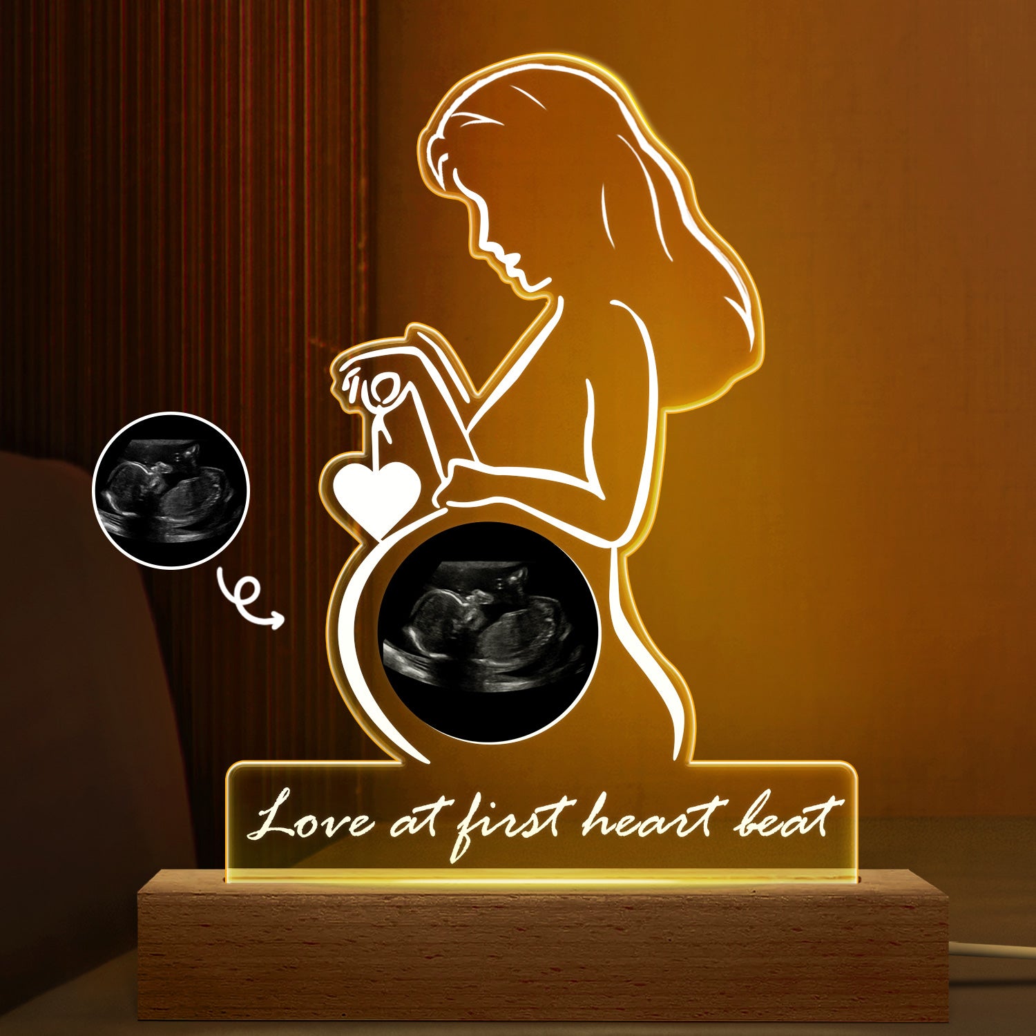 Custom Photo Love At First Heart Beat - Gift For Mom, Mother, New Parents - Personalized 3D Led Light Wooden Base