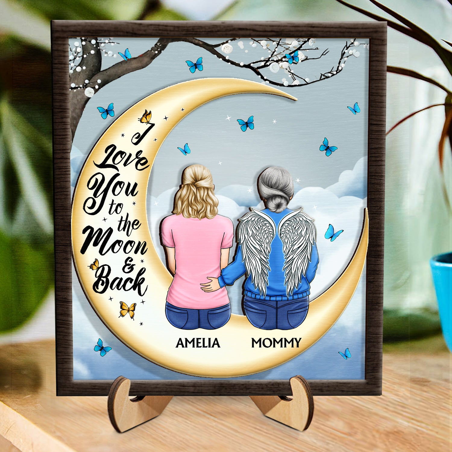 I Love You To The Moon And Back - Memorial Gift For Family, Friends, Siblings - Personalized 2-Layered Wooden Plaque With Stand