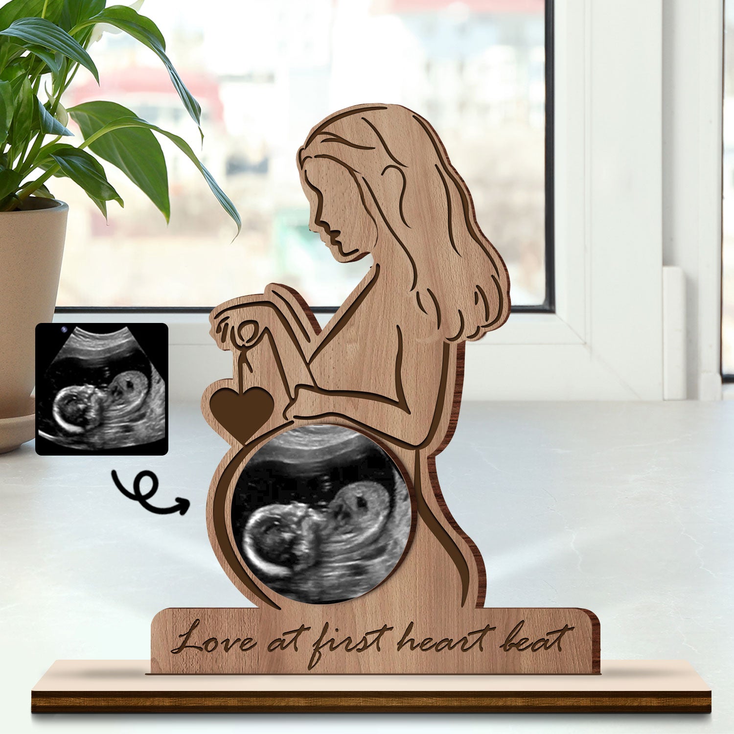 Custom Photo Love At First Heart Beat - Gift For Mom, Mother, New Parents - Personalized Custom Shaped 2-Layered Wooden Plaque