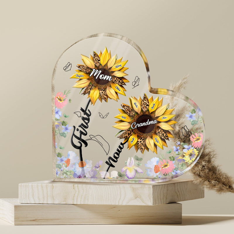 First Mom Now Grandma - Gift For Mothers, Grandmas, Aunties - Personalized Heart Shaped Acrylic Plaque