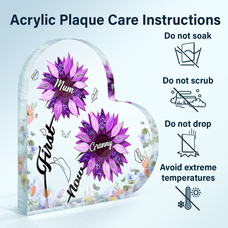 First Mom Now Grandma - Gift For Mothers, Grandmas, Aunties - Personalized Heart Shaped Acrylic Plaque