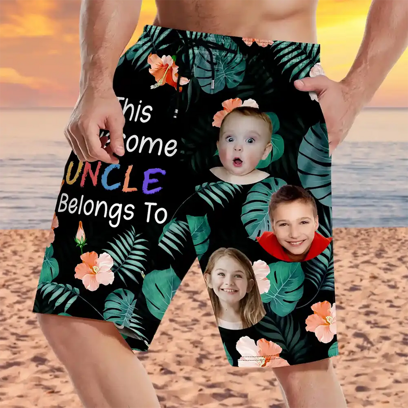 Custom Photo This Awesome Daddy Papa Belongs To - Personalized Unisex Beach Shorts