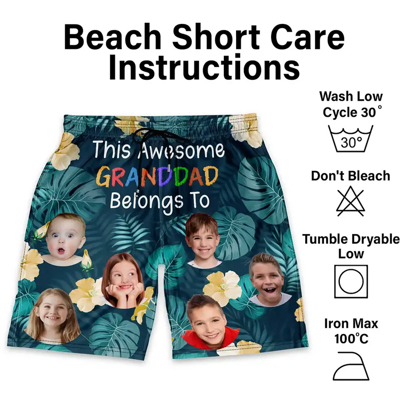 Custom Photo This Awesome Daddy Papa Belongs To - Personalized Unisex Beach Shorts