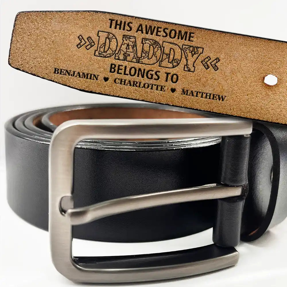 This Awesome Daddy Papa Belongs To - Personalized Engraved Leather Belt